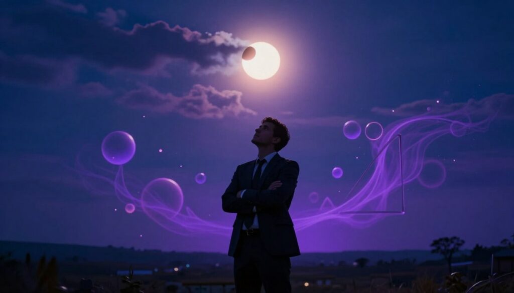 A striking image of a serene, twilight landscape during an eclipse, featuring a silhouette of a person in professional business attire, standing in the foreground with arms crossed. The individual, a Caucasian/white male, gazes thoughtfully upward at the partially obscured sun, surrounded by soft glowing neon hues of violet and deep blue. In the middle ground, vibrant dreamcore-inspired elements like floating ethereal orbs and abstract geometric shapes swirl around, creating an enchanting atmosphere. The background showcases a darkened sky, with wispy clouds illuminated by the eclipse, casting a mystical glow over the scene. The lighting is dramatic, emphasizing the contrasts between light and shadow, while a high-angle perspective captures the vastness of the moment. The overall mood is contemplative, invoking a sense of caution and introspection, as if warning against the pitfalls of manifestation during this celestial event.
