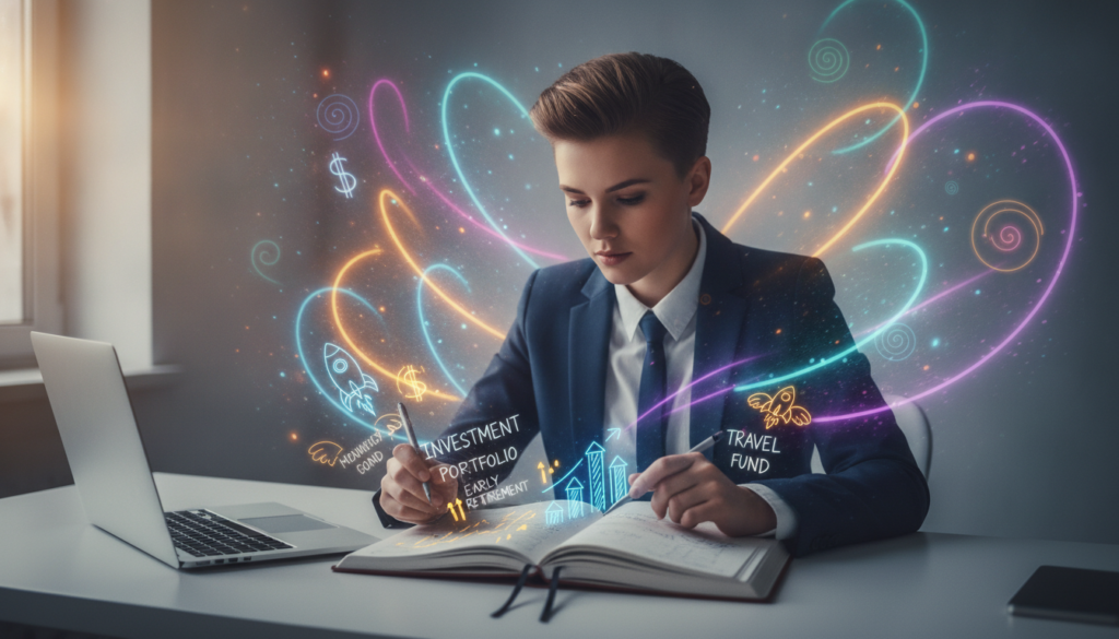 A striking image of a young adult in professional business attire, sitting at a modern desk, surrounded by vibrant neon colors representing emotions like joy, excitement, and contemplation. The foreground features an open notebook filled with visually stimulating financial goals and doodles, while the middle includes the individual, deeply focused, with an expression of awareness and determination. In the background, soft, dreamlike patterns swirl, evoking a sense of possibility and aspiration. The lighting is soft yet dynamic, creating a sense of warmth and inspiration, with a slight lens flare from a nearby window. The atmosphere is charged with motivation and emotional depth, perfect for illustrating a journey towards financial awareness and achievement.