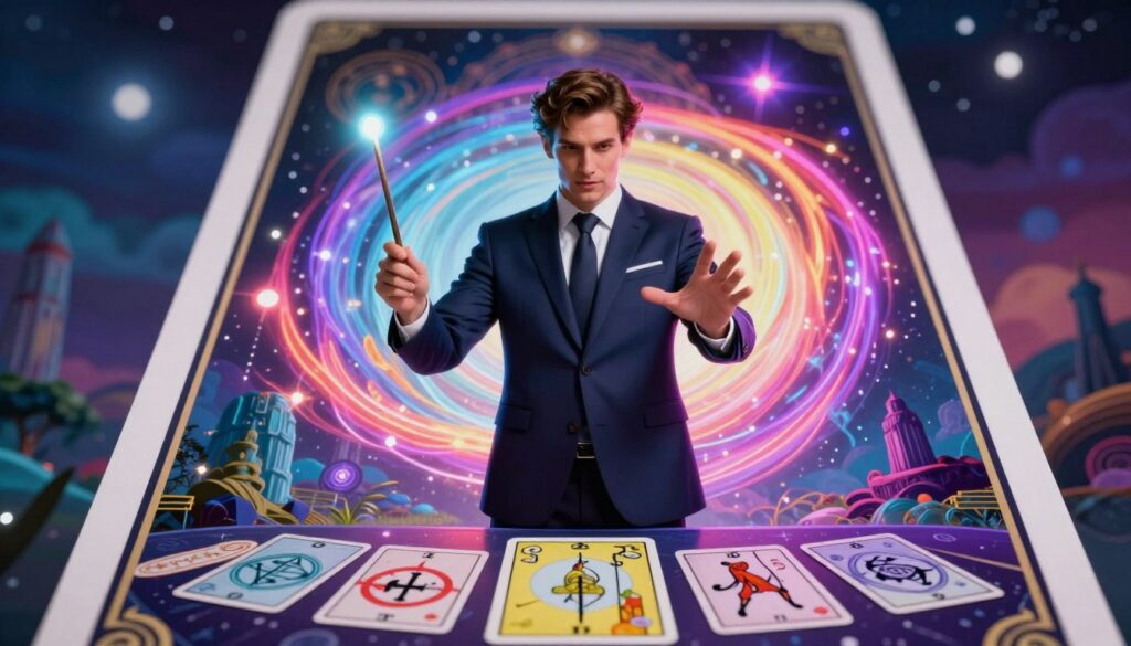 A striking magician tarot card design that captures the essence of manifestation. The foreground features a poised magician, dressed in a sleek, professional business attire, standing confidently. In one hand, he holds a glowing wand, while the other gestures gracefully towards a table displaying various mystical symbols and tarot cards. The middle layer showcases a swirling aura of vibrant neon colors, representing energy and creativity, radiating around him. The background is an abstract dreamcore landscape filled with celestial motifs and mystical elements that evoke a sense of wonder. The scene is illuminated by dramatic, soft lighting that highlights the magician's enigmatic expression, creating an atmosphere of possibility and power. The perspective is slightly angled to emphasize depth and draw the viewer’s eye towards the central figure.