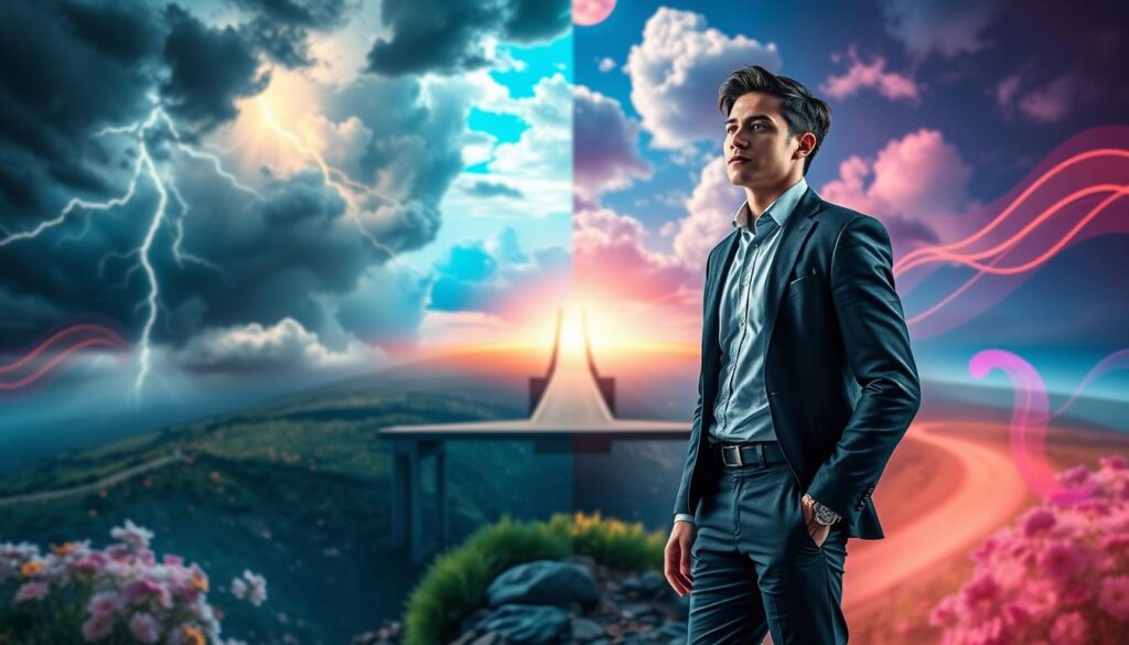 A striking representation of the Law of Polarity, featuring a divided landscape symbolizing the contrast between worst fears and ultimate dreams. In the foreground, a professional young adult dressed in stylish business attire stands confidently, looking towards a vibrant horizon. Half of the landscape is dark and stormy, filled with chaotic elements like lightning and shadows, while the other half is illuminated with neon colors—vibrant skies, blooming flowers, and clear, sunny pathways. In the middle ground, a bridge connects both worlds, symbolizing transformation. The background features a surreal blend of dreamlike elements with flowing shapes and abstract patterns, creating a whimsical atmosphere. Soft, glowing lighting enhances the ethereal quality, with a shallow depth of field focusing on the figure and bridge. The overall mood conveys hope, resilience, and the empowering journey from adversity to success.