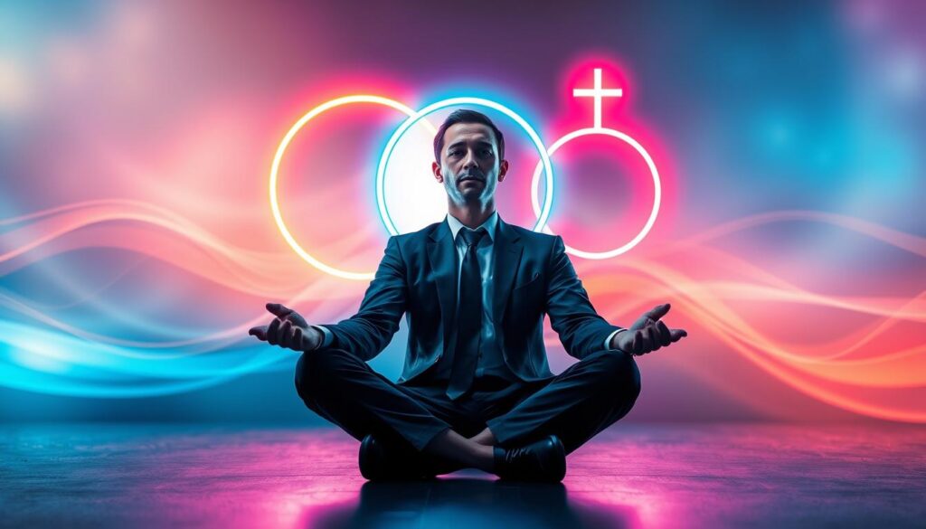 A striking, symbolic representation of the mental side of masculine and feminine energy, depicting a harmonious balance. In the foreground, a person in professional business attire sits cross-legged, exuding calmness and focus. The middle ground features abstract shapes and glowing symbols signifying yin-yang and duality, intertwined in neon colors, creating a vivid contrast. The background blends soft, ethereal waves of color that evoke tranquility and creativity, hinting at a cosmic or dreamlike environment. Use soft, diffused lighting to highlight the figure and the surrounding elements, giving a sense of depth. The overall mood should be serene yet dynamic, illustrating the powerful synergy between masculine and feminine energies in manifesting intentions. A striking, symbolic representation of the mental side of masculine and feminine energy, depicting a harmonious balance. In the foreground, a person in professional business attire sits cross-legged, exuding calmness and focus. The middle ground features abstract shapes and glowing symbols signifying yin-yang and duality, intertwined in neon colors, creating a vivid contrast. The background blends soft, ethereal waves of color that evoke tranquility and creativity, hinting at a cosmic or dreamlike environment. Use soft, diffused lighting to highlight the figure and the surrounding elements, giving a sense of depth. The overall mood should be serene yet dynamic, illustrating the powerful synergy between masculine and feminine energies in manifesting intentions.