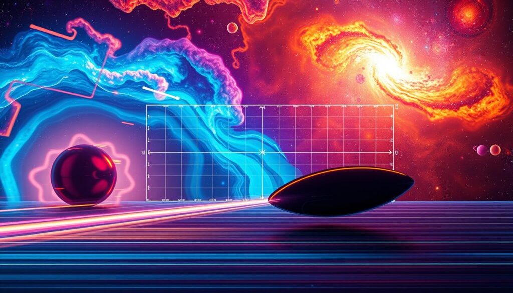 A striking visualization of "Motion and reference frames" against a backdrop of a cosmic landscape, featuring swirling galaxies and vibrant nebulae in neon colors. In the foreground, a sleek, futuristic object moves dynamically, capturing the essence of motion with motion blur effects. In the middle ground, a translucent grid illustrates various reference frames, with lines and arrows emphasizing speed and direction. The background glows with a deep space atmosphere, dotted with stars and cosmic phenomena. Bright lighting sources create highlights on the object and reference frame, enhancing the sense of depth. The mood is both captivating and thought-provoking, inviting viewers to ponder the complexities of relativity. This composition is designed to resonate with a young adult Gen Z audience, reminiscent of high-end magazine advertisements.