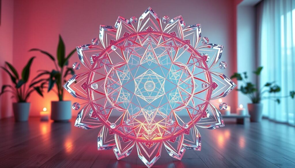 A stunning array of sacred geometry shapes arranged harmoniously within a tranquil, well-lit space. In the foreground, a large, intricate Flower of Life pattern crafted from shimmering crystals, reflecting soft neon colors that create a dreamlike atmosphere. The middle layer features smaller geometric shapes like the Metatron's Cube and Platonic solids, arranged thoughtfully around the central design, emitting a gentle glow. In the background, soft-focus plants and ambient lighting create a serene environment, suggesting a safe and welcoming energy for wealth attraction. Capture this scene from a slightly elevated angle, using a wide lens to emphasize the expansive arrangement. The mood should be peaceful and inviting, evoking a sense of spiritual connection and abundance. A stunning array of sacred geometry shapes arranged harmoniously within a tranquil, well-lit space. In the foreground, a large, intricate Flower of Life pattern crafted from shimmering crystals, reflecting soft neon colors that create a dreamlike atmosphere. The middle layer features smaller geometric shapes like the Metatron's Cube and Platonic solids, arranged thoughtfully around the central design, emitting a gentle glow. In the background, soft-focus plants and ambient lighting create a serene environment, suggesting a safe and welcoming energy for wealth attraction. Capture this scene from a slightly elevated angle, using a wide lens to emphasize the expansive arrangement. The mood should be peaceful and inviting, evoking a sense of spiritual connection and abundance.