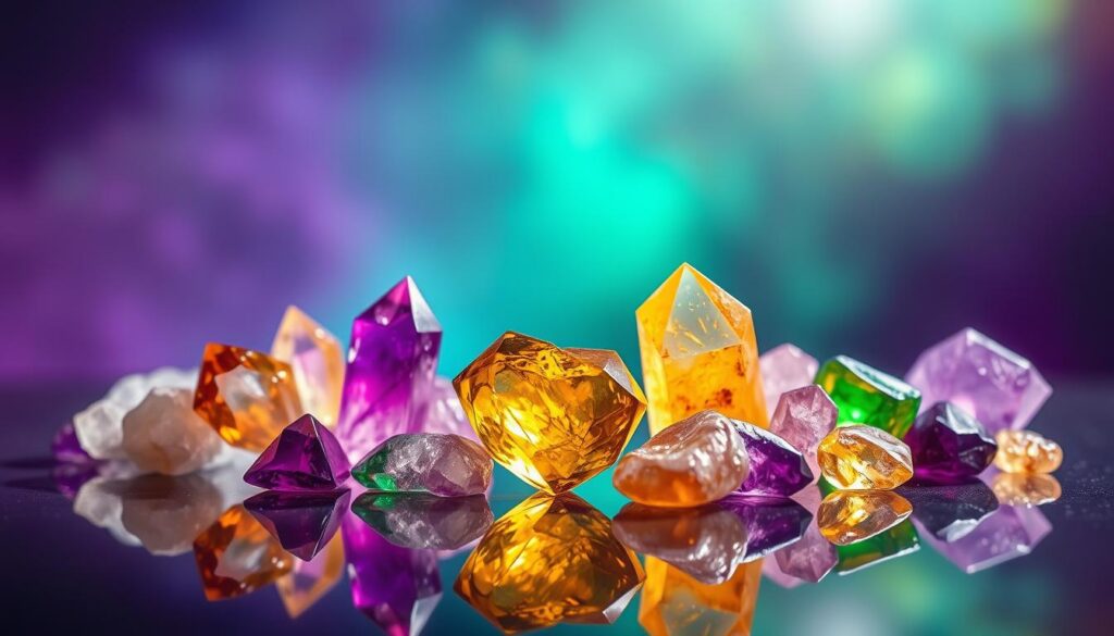 A stunning array of vibrant crystals representing abundance and prosperity, elegantly displayed on a reflective surface. In the foreground, gleaming amethyst, citrine, and green aventurine are artfully arranged in a heart shape, radiating positive energy. The middle ground features a soft-focus, dreamy aura of holographic light, enhancing the vibrancy of the crystals. The background fades into a rich, deep gradient of purple and green, reminiscent of an ethereal cosmic landscape. Soft, ambient lighting casts gentle highlights and shadows, creating depth and allure. The overall mood is enchanting and aspirational, perfect for attracting wealth and success. Visualize this as a high-end magazine advertisement, appealing to the modern adult Gen Z audience, showcasing the beauty and potential of crystal energy in a stylish and sophisticated way. A stunning array of vibrant crystals representing abundance and prosperity, elegantly displayed on a reflective surface. In the foreground, gleaming amethyst, citrine, and green aventurine are artfully arranged in a heart shape, radiating positive energy. The middle ground features a soft-focus, dreamy aura of holographic light, enhancing the vibrancy of the crystals. The background fades into a rich, deep gradient of purple and green, reminiscent of an ethereal cosmic landscape. Soft, ambient lighting casts gentle highlights and shadows, creating depth and allure. The overall mood is enchanting and aspirational, perfect for attracting wealth and success. Visualize this as a high-end magazine advertisement, appealing to the modern adult Gen Z audience, showcasing the beauty and potential of crystal energy in a stylish and sophisticated way.