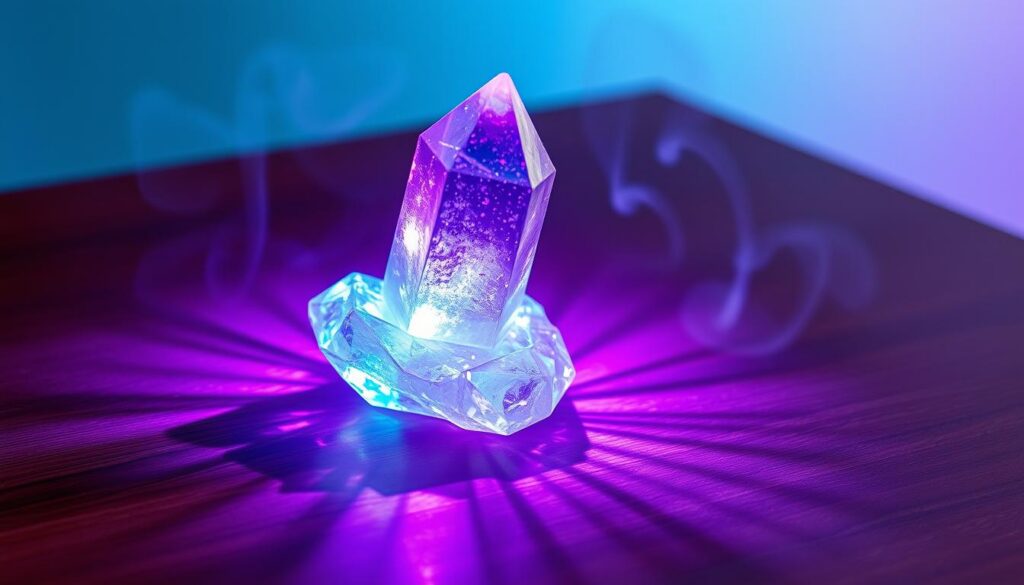 A stunning clear quartz crystal, radiating with vibrant energy, rests majestically on a polished mahogany surface, surrounded by ethereal wisps of mist. The crystal is illuminated from below with dynamic neon blues and purples, casting elongated shadows that add depth. In the foreground, intricate patterns of light refract through the crystal, creating a mesmerizing spectacle. The middle ground features soft, glowing orbs that symbolize amplified intentions, swirling gently around the crystal. In the background, a softly blurred gradient of teal and lavender enhances the dreamlike atmosphere. The composition is shot with a shallow depth of field, ensuring the crystal remains the focal point, evoking a serene yet powerful mood that resonates with clarity and intention. A stunning clear quartz crystal, radiating with vibrant energy, rests majestically on a polished mahogany surface, surrounded by ethereal wisps of mist. The crystal is illuminated from below with dynamic neon blues and purples, casting elongated shadows that add depth. In the foreground, intricate patterns of light refract through the crystal, creating a mesmerizing spectacle. The middle ground features soft, glowing orbs that symbolize amplified intentions, swirling gently around the crystal. In the background, a softly blurred gradient of teal and lavender enhances the dreamlike atmosphere. The composition is shot with a shallow depth of field, ensuring the crystal remains the focal point, evoking a serene yet powerful mood that resonates with clarity and intention.
