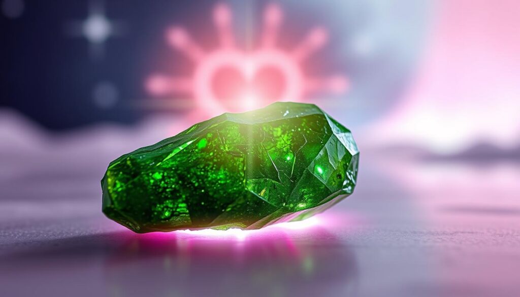 A stunning close-up of a beautifully cut moldavite crystal, radiating vibrant green hues and sparkling with intricate facets. The crystal is positioned in the foreground, resting on a softly glowing heart-shaped aura, symbolizing the heart chakra, which is depicted in pastel pinks and purples. In the middle ground, faint beams of light emanate from the heart chakra aura, creating a mystical connection. The background features a softly blurred ethereal landscape with dreamcore elements, resembling a surreal, cosmic setting with neon highlights blending into a starry sky. The mood conveys tranquility and transformative energy, inviting a sense of healing and renewal. The lighting is soft and diffused, enhancing the crystal’s details, while a slight bokeh effect adds to the artistic quality of the image. A stunning close-up of a beautifully cut moldavite crystal, radiating vibrant green hues and sparkling with intricate facets. The crystal is positioned in the foreground, resting on a softly glowing heart-shaped aura, symbolizing the heart chakra, which is depicted in pastel pinks and purples. In the middle ground, faint beams of light emanate from the heart chakra aura, creating a mystical connection. The background features a softly blurred ethereal landscape with dreamcore elements, resembling a surreal, cosmic setting with neon highlights blending into a starry sky. The mood conveys tranquility and transformative energy, inviting a sense of healing and renewal. The lighting is soft and diffused, enhancing the crystal’s details, while a slight bokeh effect adds to the artistic quality of the image.