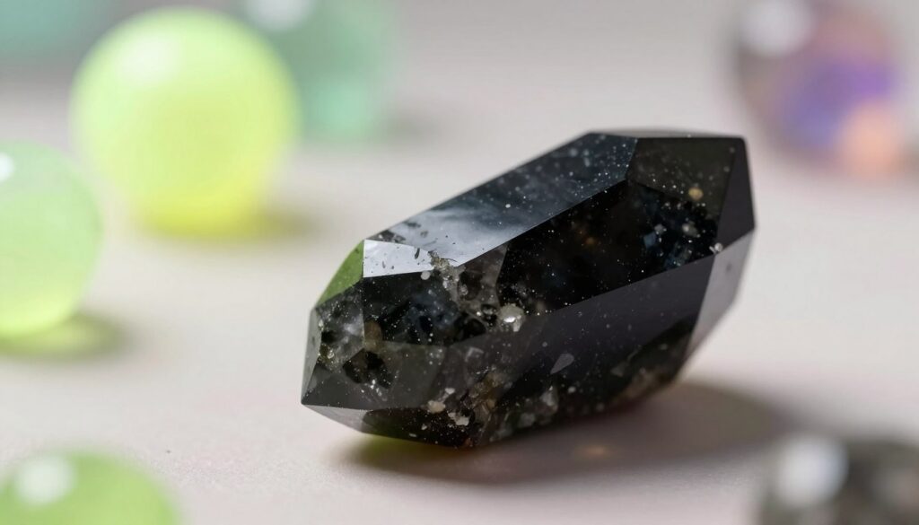 A stunning close-up of a polished black tourmaline crystal resting on a soft, luminous surface, showcasing its deep black and subtle sheen under gentle, diffused lighting. In the background, ethereal, floating orbs of soft neon colors embody the healing properties associated with the crystal, radiating a warm, protective energy. The atmosphere exudes tranquility and empowerment, suggesting a sense of grounding and stability. Soft shadows enhance the depth, giving the scene a three-dimensional quality. The composition aims for a high-end magazine advertisement style, appealing to an adult Gen Z audience, with a sophisticated and modern aesthetic. A stunning close-up of a polished black tourmaline crystal resting on a soft, luminous surface, showcasing its deep black and subtle sheen under gentle, diffused lighting. In the background, ethereal, floating orbs of soft neon colors embody the healing properties associated with the crystal, radiating a warm, protective energy. The atmosphere exudes tranquility and empowerment, suggesting a sense of grounding and stability. Soft shadows enhance the depth, giving the scene a three-dimensional quality. The composition aims for a high-end magazine advertisement style, appealing to an adult Gen Z audience, with a sophisticated and modern aesthetic.