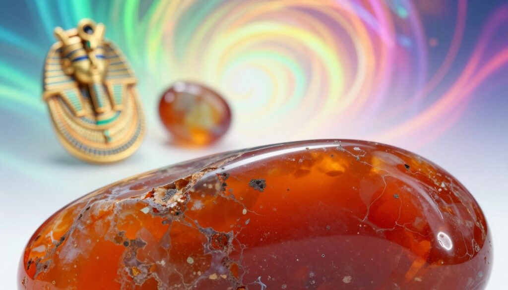 A stunning close-up of a polished carnelian stone, showcasing its deep orange and reddish hues, glistening under soft, warm lighting. The foreground features intricate natural patterns of the stone, emphasizing its texture and beauty. In the middle ground, a subtle display of ancient artifacts like an Egyptian amulet and a Roman gemstone, reflecting the historical significance of carnelian. The background fades into a tranquil, abstract representation of swirling energy, symbolizing motivation and inspiration, using neon colors to invoke a modern, vibrant atmosphere. The overall mood is one of empowerment and clarity, capturing the essence of carnelian’s history and spiritual meaning. The image should be composed with a shallow depth of field for a high-end, magazine-like quality, evoking a sense of focus and sophistication. A stunning close-up of a polished carnelian stone, showcasing its deep orange and reddish hues, glistening under soft, warm lighting. The foreground features intricate natural patterns of the stone, emphasizing its texture and beauty. In the middle ground, a subtle display of ancient artifacts like an Egyptian amulet and a Roman gemstone, reflecting the historical significance of carnelian. The background fades into a tranquil, abstract representation of swirling energy, symbolizing motivation and inspiration, using neon colors to invoke a modern, vibrant atmosphere. The overall mood is one of empowerment and clarity, capturing the essence of carnelian’s history and spiritual meaning. The image should be composed with a shallow depth of field for a high-end, magazine-like quality, evoking a sense of focus and sophistication.