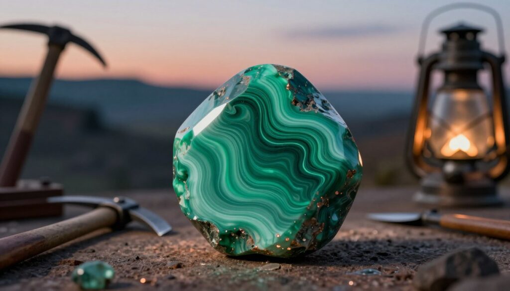 A stunning close-up of a polished malachite gemstone, showcasing its vibrant green swirls and intricate patterns, positioned prominently in the foreground. Surrounding the gem, include small, historical tools used for mining copper, such as a pickaxe and a lantern, hinting at its origins. In the middle background, softly blurred silhouettes of ancient mining landscapes under a twilight sky, with hints of copper ore reflecting the last light of day. The lighting is dramatic, emphasizing the gem's luster and creating a mystical aura. Use a shallow depth of field to draw attention to the malachite, with a soft bokeh effect in the background. The overall mood is enchanting and reflective, capturing the journey of malachite from mineral to gem. A stunning close-up of a polished malachite gemstone, showcasing its vibrant green swirls and intricate patterns, positioned prominently in the foreground. Surrounding the gem, include small, historical tools used for mining copper, such as a pickaxe and a lantern, hinting at its origins. In the middle background, softly blurred silhouettes of ancient mining landscapes under a twilight sky, with hints of copper ore reflecting the last light of day. The lighting is dramatic, emphasizing the gem's luster and creating a mystical aura. Use a shallow depth of field to draw attention to the malachite, with a soft bokeh effect in the background. The overall mood is enchanting and reflective, capturing the journey of malachite from mineral to gem.
