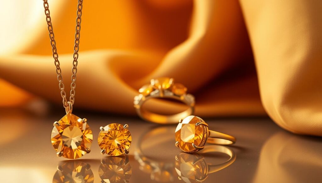 A stunning display of November birthstone jewelry featuring vibrant citrine gemstones. In the foreground, showcase an elegant necklace with a large, sparkling citrine pendant, alongside matching stud earrings that capture the light beautifully. The middle ground features an intricately designed ring, adorned with smaller citrine stones, all set in a delicate gold band. The background is softly blurred, with a luxurious fabric draped elegantly, evoking a high-end magazine aesthetic. Use warm, ambient lighting to enhance the golden hues of the citrine, creating a welcoming and sophisticated atmosphere. The overall mood should feel rich and inviting, appealing to an adult Gen Z audience. Capture the essence of elegance and celebration, representing citrine as a perfect gem for November birthdays and anniversaries. A stunning display of November birthstone jewelry featuring vibrant citrine gemstones. In the foreground, showcase an elegant necklace with a large, sparkling citrine pendant, alongside matching stud earrings that capture the light beautifully. The middle ground features an intricately designed ring, adorned with smaller citrine stones, all set in a delicate gold band. The background is softly blurred, with a luxurious fabric draped elegantly, evoking a high-end magazine aesthetic. Use warm, ambient lighting to enhance the golden hues of the citrine, creating a welcoming and sophisticated atmosphere. The overall mood should feel rich and inviting, appealing to an adult Gen Z audience. Capture the essence of elegance and celebration, representing citrine as a perfect gem for November birthdays and anniversaries.