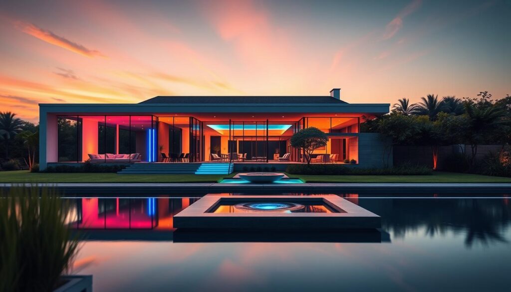 A stunning modern house representing the concept of manifesting dreams through the Law of Assumption, set against a dreamlike landscape. In the foreground, a sleek, stylish house with large glass windows reflecting vibrant neon colors in a soft dusk light. The middle ground features lush greenery and a tranquil water feature, suggesting tranquility and abundance. In the background, a glowing sunset casts warm hues across a surreal sky, enhancing the dreamcore aesthetic. This composition evokes a sense of possibility and positivity. The scene is portrayed with a high-end magazine advertisement style, emphasizing clarity and sophistication, and capturing the essence of aspiration and fulfillment. The overall mood is uplifting and inspiring, showcasing the beauty of manifesting one's desires in a visually captivating way. A stunning modern house representing the concept of manifesting dreams through the Law of Assumption, set against a dreamlike landscape. In the foreground, a sleek, stylish house with large glass windows reflecting vibrant neon colors in a soft dusk light. The middle ground features lush greenery and a tranquil water feature, suggesting tranquility and abundance. In the background, a glowing sunset casts warm hues across a surreal sky, enhancing the dreamcore aesthetic. This composition evokes a sense of possibility and positivity. The scene is portrayed with a high-end magazine advertisement style, emphasizing clarity and sophistication, and capturing the essence of aspiration and fulfillment. The overall mood is uplifting and inspiring, showcasing the beauty of manifesting one's desires in a visually captivating way.