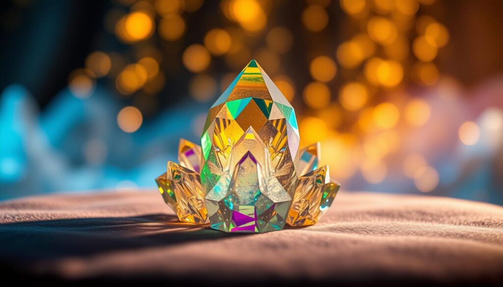 A stunning, oversized wealth intention crystal sitting elegantly on a plush velvet surface in the foreground, glistening with multifaceted surfaces reflecting vibrant neon colors of green, gold, and purple. In the middle, an array of smaller crystals radiates positive energy, positioned harmoniously around the central crystal, casting delicate shadows. The background features a softly blurred, ethereal atmosphere with dreamlike bokeh, incorporating hints of opulent gold and deep blue that enhance the feeling of prosperity. The lighting is ambient, highlighting the crystal's internal patterns and creating a magical, inviting glow. The mood is serene and luxurious, inviting viewers to explore the beauty and potential of healing crystals as tools for manifesting wealth and abundance. A stunning, oversized wealth intention crystal sitting elegantly on a plush velvet surface in the foreground, glistening with multifaceted surfaces reflecting vibrant neon colors of green, gold, and purple. In the middle, an array of smaller crystals radiates positive energy, positioned harmoniously around the central crystal, casting delicate shadows. The background features a softly blurred, ethereal atmosphere with dreamlike bokeh, incorporating hints of opulent gold and deep blue that enhance the feeling of prosperity. The lighting is ambient, highlighting the crystal's internal patterns and creating a magical, inviting glow. The mood is serene and luxurious, inviting viewers to explore the beauty and potential of healing crystals as tools for manifesting wealth and abundance.