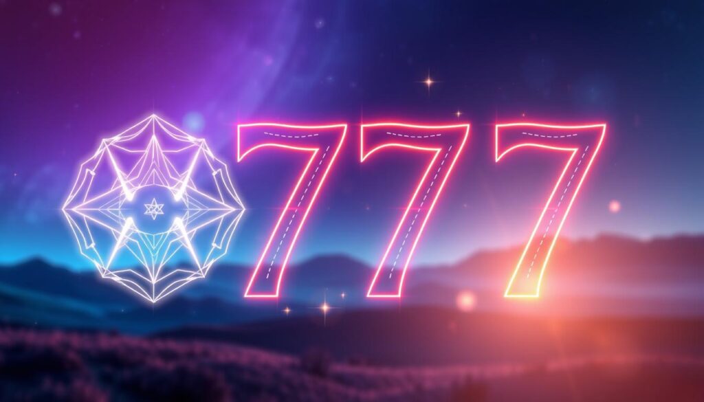 A stunning representation of angel number 777 in numerology, featuring the number "777" prominently in the foreground, crafted with luminous neon colors that radiate an ethereal glow. The middle ground showcases a mystical aura with geometric patterns and subtle celestial elements like stars and orbs, blending seamlessly with the number. In the background, a dreamlike landscape unfolds, with a softly blurred gradient of deep blues and purples reminiscent of a night sky, enhancing the overall mystical atmosphere. The lighting is soft yet vibrant, casting a magical sheen over the scene. Capture the essence of luck and spirituality while maintaining a high-end magazine advertisement style, appealing to an adult Gen Z audience. No text or logos are included, ensuring a clean, artistic composition.