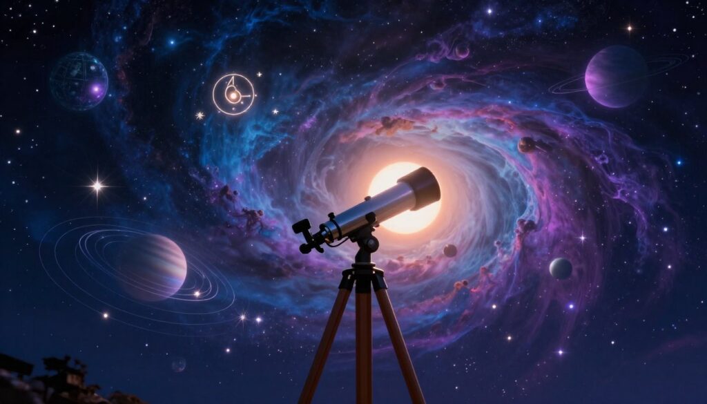 A stunning visual representation of an astronomical eclipse season guide, featuring an ethereal night sky filled with vibrant, swirling nebulae and dreamlike celestial bodies in neon colors. In the foreground, an elegant telescope stands on a sleek wooden tripod, aimed at a partially obscured sun, casting soft, dramatic shadows. Midground elements include distinct astrological symbols glowing softly, surrounded by luminous stars and planetary orbits intricately woven into the scene. The background showcases a vast cosmic landscape with deep blues and purples, conveying a sense of wonder and mystery. The lighting is low, with ethereal glows illuminating the celestial elements, creating a serene yet captivating atmosphere perfect for inspiring fascination with astronomy and astrology. No people or text included, solely focused on the celestial theme.