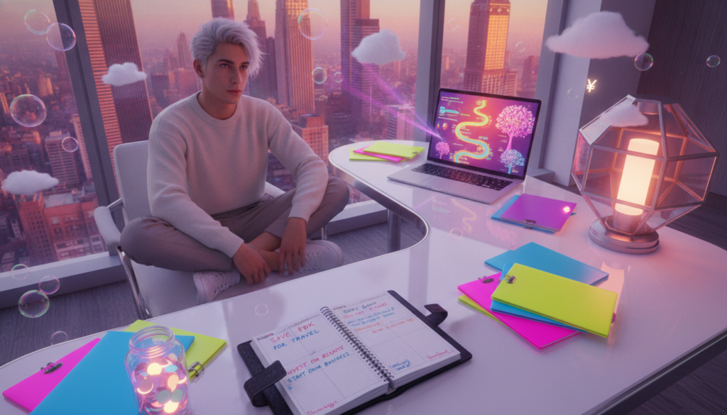 A stylish adult Gen Z Caucasian individual, dressed in smart casual attire, sits at a sleek, modern desk surrounded by an array of vibrant, neon-colored financial planning materials. In the foreground, an open leather-bound planner displays neatly written money goals. The middle ground features a laptop screen with graphs and charts illustrating career planning and wealth growth, illuminated by a soft, ambient glow. In the background, a large window showcases a bustling city skyline at sunset, casting warm light into the space. The overall atmosphere conveys ambition and inspiration, with bright colors and a Dreamcore aesthetic that captivates the viewer's attention. Capture this scene with a high-angle shot to emphasize the desk and its contents, enhancing the sense of focus and determination.