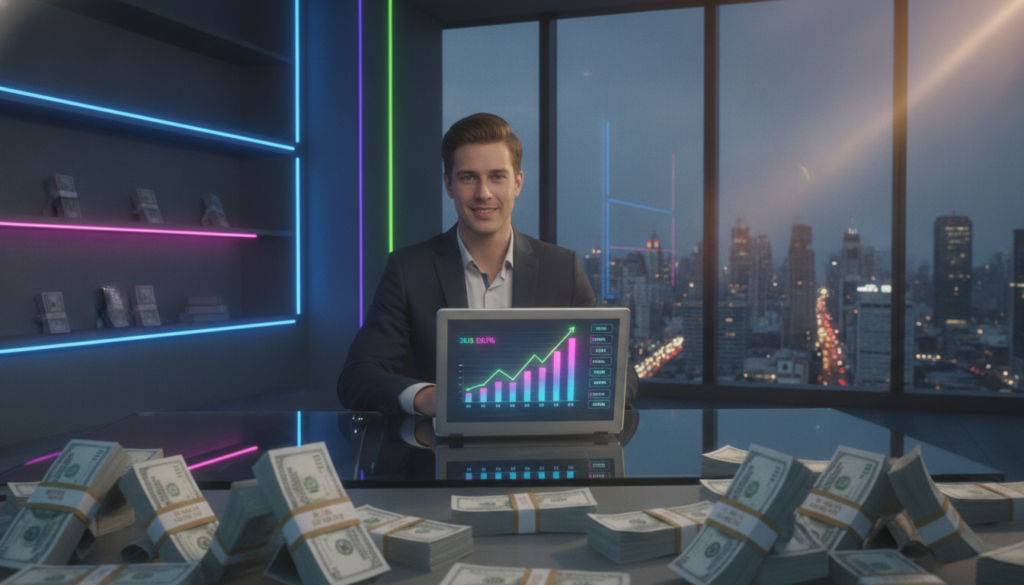 A stylish and modern office space exuding a financial mindset, with a young Caucasian adult, dressed in professional business attire, seated at a sleek desk, surrounded by vibrant decor in neon colors. In the foreground, stacks of faux money are artfully arranged, symbolizing abundance, while the middle ground features a high-tech laptop displaying financial graphs and growth charts. The background includes large windows showing a bustling cityscape, capturing the essence of success and prosperity. Soft, ambient lighting creates an inviting atmosphere, while a slight lens flare adds a touch of dreamlike quality. The overall mood is one of optimism and ambition, embodying the concept of "Fake Money Manifestation" with a visually striking and aspirational aesthetic. A stylish and modern office space exuding a financial mindset, with a young Caucasian adult, dressed in professional business attire, seated at a sleek desk, surrounded by vibrant decor in neon colors. In the foreground, stacks of faux money are artfully arranged, symbolizing abundance, while the middle ground features a high-tech laptop displaying financial graphs and growth charts. The background includes large windows showing a bustling cityscape, capturing the essence of success and prosperity. Soft, ambient lighting creates an inviting atmosphere, while a slight lens flare adds a touch of dreamlike quality. The overall mood is one of optimism and ambition, embodying the concept of "Fake Money Manifestation" with a visually striking and aspirational aesthetic.