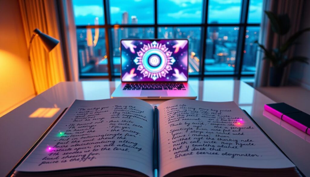 A stylish, high-end dream life journal open on a sleek, modern workspace. In the foreground, the journal's pages are filled with elegantly handwritten notes in vivid colors, surrounded by colorful neon highlights, symbolizing vibrant dreams. The middle layer features a chic laptop displaying a visually stimulating digital manifestation tool, adorned with pastel shades. In the background, large windows reveal a serene cityscape illuminated by evening lights, casting soft shadows across the room, evoking a sense of tranquility and inspiration. The atmosphere is filled with a sense of ambition and creativity, enhanced by warm, ambient lighting that creates an inviting yet inspirational mood. The entire scene embodies a luxurious, dreamcore aesthetic aimed at an adult Gen Z audience.