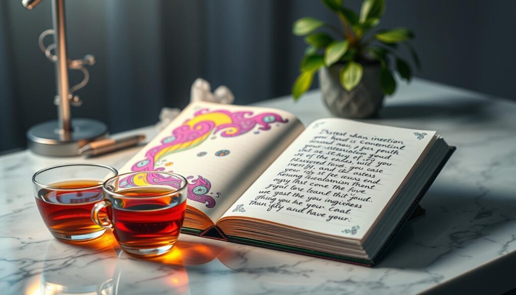 A stylish manifestation intention journal lying open on a sleek marble desk. The journal features vibrant, neon colors and intricate designs, inviting creativity and focus. In the foreground, a warm cup of herbal tea sits beside the journal, steam gracefully rising, contributing to a calming atmosphere. The middle ground includes delicate crystal accents reflecting light, while a soft, ambient glow illuminates the pages filled with handwritten intentions, evoking a sense of possibility and clarity. In the background, a softly blurred indoor plant adds a touch of nature, further enhancing the serene mood. The lighting is bright, yet soft, creating a peaceful and inspiring workspace perfect for adult Gen Z seekers of self-improvement and manifestation techniques. A stylish manifestation intention journal lying open on a sleek marble desk. The journal features vibrant, neon colors and intricate designs, inviting creativity and focus. In the foreground, a warm cup of herbal tea sits beside the journal, steam gracefully rising, contributing to a calming atmosphere. The middle ground includes delicate crystal accents reflecting light, while a soft, ambient glow illuminates the pages filled with handwritten intentions, evoking a sense of possibility and clarity. In the background, a softly blurred indoor plant adds a touch of nature, further enhancing the serene mood. The lighting is bright, yet soft, creating a peaceful and inspiring workspace perfect for adult Gen Z seekers of self-improvement and manifestation techniques.