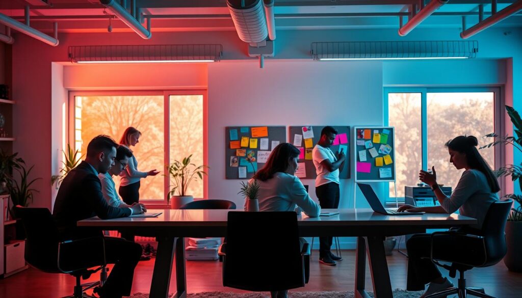 A stylish modern workspace blends seamlessly with a cozy home environment, depicting the law of rhythm in action. In the foreground, a diverse group of professionals, dressed in smart business attire and modest casual clothing, collaborate at a sleek table, surrounded by neon accents. In the middle, an open space showcases a harmonious balance of productivity and relaxation; one person meditates beside a potted plant, while another reorganizes colorful notes on a pinboard. The background features large windows letting in warm natural light, creating a vibrant atmosphere enhanced by soft neon hues. The overall mood is energetic yet calming, inviting viewers to connect with the concept of achieving balance at home and work. The angle is slightly elevated, providing a comprehensive view of this rhythmic lifestyle in action. A stylish modern workspace blends seamlessly with a cozy home environment, depicting the law of rhythm in action. In the foreground, a diverse group of professionals, dressed in smart business attire and modest casual clothing, collaborate at a sleek table, surrounded by neon accents. In the middle, an open space showcases a harmonious balance of productivity and relaxation; one person meditates beside a potted plant, while another reorganizes colorful notes on a pinboard. The background features large windows letting in warm natural light, creating a vibrant atmosphere enhanced by soft neon hues. The overall mood is energetic yet calming, inviting viewers to connect with the concept of achieving balance at home and work. The angle is slightly elevated, providing a comprehensive view of this rhythmic lifestyle in action.