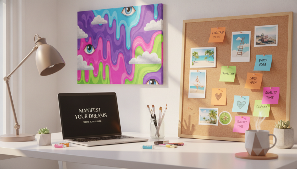 A stylish vision board template in a modern workspace setting, featuring various sections labeled with inspiring goals such as "Travel," "Career," "Health," and "Relationships." The foreground showcases colorful sticky notes and images pinned to a corkboard, illuminated by soft, warm lighting that creates a cozy ambiance. In the middle, a sleek laptop lies open with motivational quotes visible on the screen, surrounded by art supplies like markers and glitter, adding a creative touch. The background includes a bright, abstract art piece with dreamcore elements and neon colors, contributing to a vibrant atmosphere. The overall mood is inspirational and inviting, appealing to adult Gen Z consumers seeking to manifest their dreams in a visually appealing and organized manner.