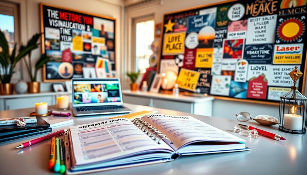 A stylish vision board workspace filled with manifestation tools, prominently displaying colorful vision boards covered in inspiring images and motivational quotes. In the foreground, a sophisticated planner lies open with neon highlights, surrounded by pens in vibrant hues, crystal-clear gemstones, and a laptop showing visualization techniques. The middle ground features an elegant desk adorned with personal mementos, candles, and a small plant, creating an inviting atmosphere. The background is softly blurred, revealing a cozy, well-lit room with large windows letting in warm sunlight, enhancing the creative and motivational mood. Capture the image with a shallow depth of field, emphasizing the objects in the foreground while giving a dreamy, ethereal feel to the overall composition, inviting viewers on their manifestation journey. A stylish vision board workspace filled with manifestation tools, prominently displaying colorful vision boards covered in inspiring images and motivational quotes. In the foreground, a sophisticated planner lies open with neon highlights, surrounded by pens in vibrant hues, crystal-clear gemstones, and a laptop showing visualization techniques. The middle ground features an elegant desk adorned with personal mementos, candles, and a small plant, creating an inviting atmosphere. The background is softly blurred, revealing a cozy, well-lit room with large windows letting in warm sunlight, enhancing the creative and motivational mood. Capture the image with a shallow depth of field, emphasizing the objects in the foreground while giving a dreamy, ethereal feel to the overall composition, inviting viewers on their manifestation journey.