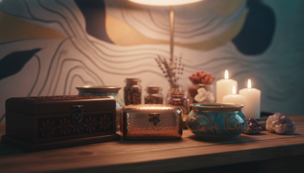 A stylish, well-organized workspace featuring an elegant selection of ritual containers for manifestation. In the foreground, a variety of beautifully designed boxes of different materials: wood, metal, and ceramic, each uniquely crafted with intricate patterns. The middle ground showcases a softly lit table with vibrant crystals, herbs, and candles artfully arranged next to the boxes, creating an inviting atmosphere. A soft, ethereal glow emanates from above, enhancing the dreamy vibe with neon colors filtering through the scene. The background features a tranquil, abstract mural that evokes a sense of spirituality and creativity. The overall mood is inspiring and serene, appealing to the adult Gen Z aesthetic. Use a shallow depth of field to focus on the containers while subtly blurring the background, and employ warm, inviting lighting to create a cozy ambiance.