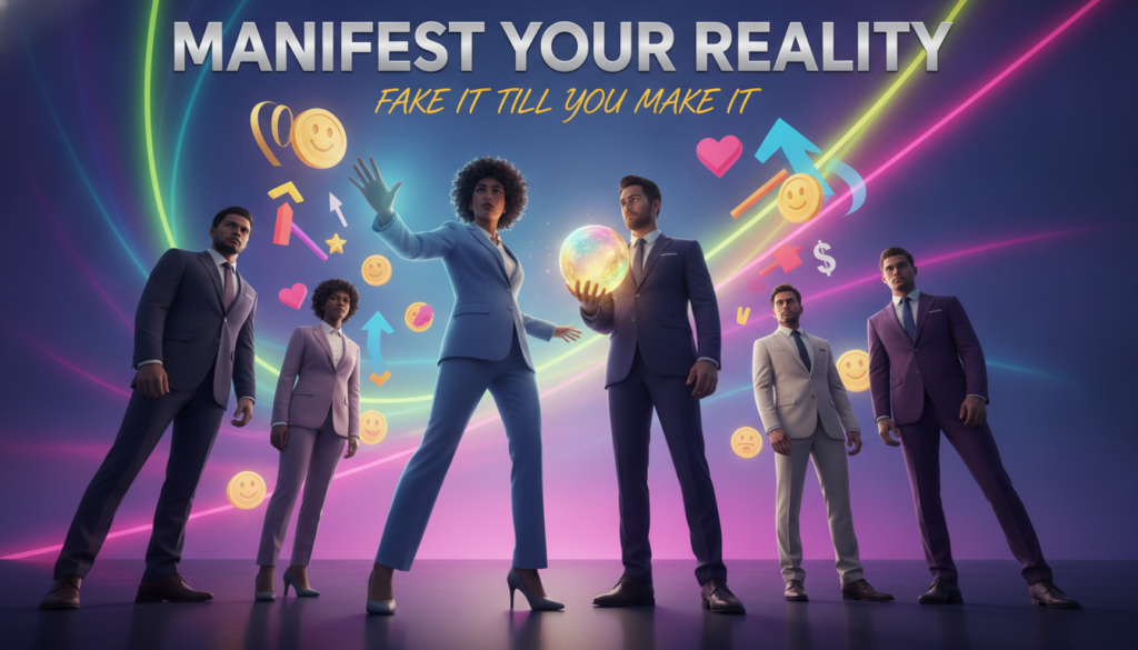 A stylized, high-end magazine advertisement featuring a diverse group of adults in professional business attire, standing confidently against a backdrop of vibrant, dreamlike neon colors that evoke a sense of positivity and ambition. The foreground showcases two individuals making powerful gestures, symbolizing manifestation—one person is reaching towards the sky, while the other holds a glowing orb that represents their dreams. In the middle ground, artistic representations of abstract ideas like money, success, and happiness swirl around them. The background fades into a dreamy gradient, hinting at limitless possibilities. The lighting is soft yet bold, enhancing the vivid colors and creating an uplifted atmosphere, reflecting the theme of "fake it till you make it" in a visually compelling manner, framed from a dynamic angle that draws the viewer in. A stylized, high-end magazine advertisement featuring a diverse group of adults in professional business attire, standing confidently against a backdrop of vibrant, dreamlike neon colors that evoke a sense of positivity and ambition. The foreground showcases two individuals making powerful gestures, symbolizing manifestation—one person is reaching towards the sky, while the other holds a glowing orb that represents their dreams. In the middle ground, artistic representations of abstract ideas like money, success, and happiness swirl around them. The background fades into a dreamy gradient, hinting at limitless possibilities. The lighting is soft yet bold, enhancing the vivid colors and creating an uplifted atmosphere, reflecting the theme of "fake it till you make it" in a visually compelling manner, framed from a dynamic angle that draws the viewer in.