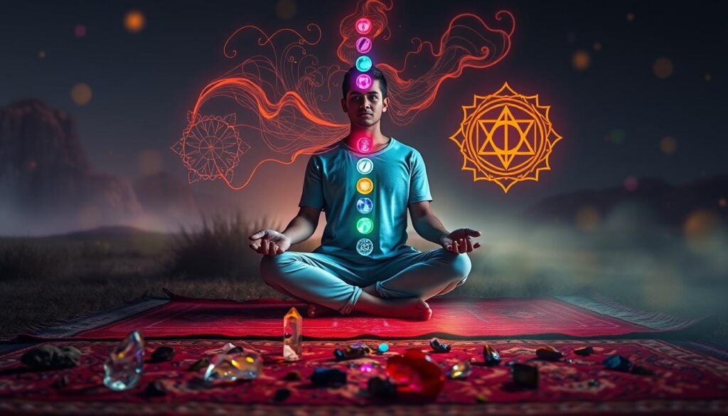 A surreal Dreamcore scene depicting the concept of unbalanced chakras, featuring a central figure in modest casual clothing, seated cross-legged on a vibrant, glowing rug. The figure’s aura is visibly fragmented, with swirling colors representing each chakra – red, orange, yellow, green, blue, indigo, and violet – radiating in disarray. In the foreground, scattered crystals and herbal remedies suggest healing practices. The middle ground showcases ethereal representations of chakra symbols in neon colors, pulsating softly. The background is a softly blurred, otherworldly landscape filled with whimsical shapes and soft light. The mood is mystical and introspective with deep contrasts and a hint of ethereal glow, reminiscent of a high-end magazine advertisement, enticing adult Gen Z audiences. A surreal Dreamcore scene depicting the concept of unbalanced chakras, featuring a central figure in modest casual clothing, seated cross-legged on a vibrant, glowing rug. The figure’s aura is visibly fragmented, with swirling colors representing each chakra – red, orange, yellow, green, blue, indigo, and violet – radiating in disarray. In the foreground, scattered crystals and herbal remedies suggest healing practices. The middle ground showcases ethereal representations of chakra symbols in neon colors, pulsating softly. The background is a softly blurred, otherworldly landscape filled with whimsical shapes and soft light. The mood is mystical and introspective with deep contrasts and a hint of ethereal glow, reminiscent of a high-end magazine advertisement, enticing adult Gen Z audiences.