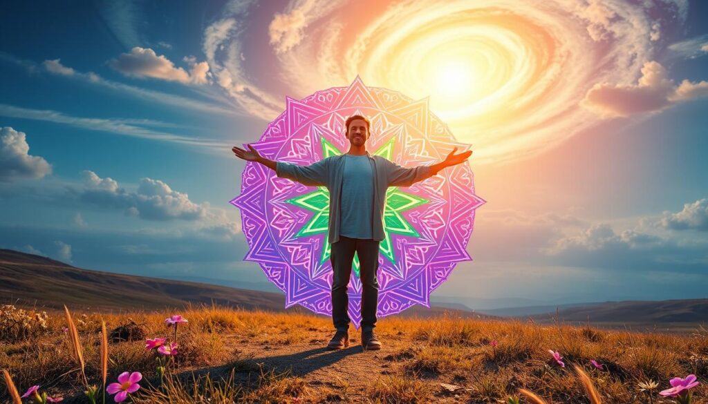 A surreal and captivating depiction of "spiritual life cycle completion," set in a dreamlike landscape. In the foreground, an ethereal figure in modest casual clothing stands with arms outstretched, radiating a soft, golden light, symbolizing transcendence. The middle ground features an intricate circular mandala pattern made of vibrant neon colors, blending sacred geometry with elements of nature like flowers and swirling clouds. In the background, a luminous horizon with a swirling galaxy illuminates the sky, creating a sense of infinity and renewal. The scene is bathed in soft, ethereal lighting, casting gentle shadows that enhance the tranquil atmosphere. The composition should evoke a feeling of peace and enlightenment, perfectly illustrating the essence of spiritual transition and completion, without any text or distractions.