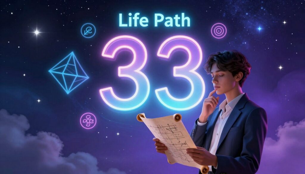 A surreal and captivating illustration of Life Path 33 calculation, centered on a mystical number 33, elegantly depicted in neon colors against a dark, starry cosmic background. In the foreground, a sophisticated adult Gen Z figure, dressed in stylish business attire, thoughtfully holds a mathematical scroll or chart exuding a sense of wonder and contemplation. In the middle ground, ethereal geometric shapes and symbols float around the number 33, reflecting an aura of spiritual significance and unconditional love. The background features a soft gradient of blues and purples, enhanced by twinkling stars and wispy clouds, creating a dreamlike atmosphere. The lighting should be soft yet luminous, adding depth and intrigue while evoking a sense of mystery about the rarity of this life path. A surreal and captivating illustration of Life Path 33 calculation, centered on a mystical number 33, elegantly depicted in neon colors against a dark, starry cosmic background. In the foreground, a sophisticated adult Gen Z figure, dressed in stylish business attire, thoughtfully holds a mathematical scroll or chart exuding a sense of wonder and contemplation. In the middle ground, ethereal geometric shapes and symbols float around the number 33, reflecting an aura of spiritual significance and unconditional love. The background features a soft gradient of blues and purples, enhanced by twinkling stars and wispy clouds, creating a dreamlike atmosphere. The lighting should be soft yet luminous, adding depth and intrigue while evoking a sense of mystery about the rarity of this life path.
