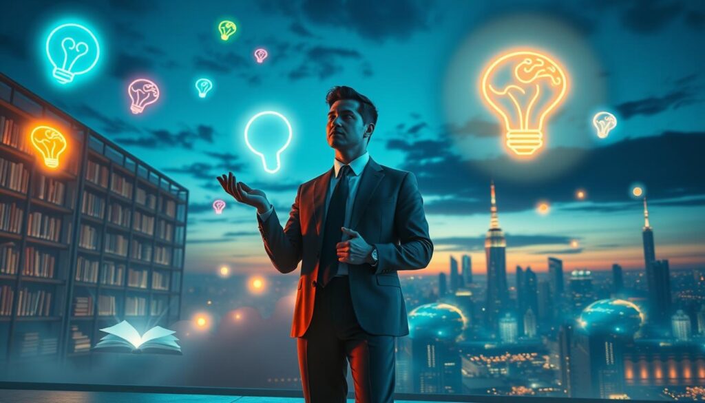 A surreal and captivating scene illustrating "New Thought history and mind over matter". In the foreground, an elegant figure dressed in professional business attire stands confidently, with a thoughtful expression, their hands raised in a meditative gesture, surrounded by glowing, vibrant neon symbols of the Law of Attraction. The middle ground features an ethereal library, filled with floating books and luminous orbs of light representing ideas and thoughts, softly illuminating the scene. In the background, a dreamlike cityscape emerges under a twilight sky, blending in vivid hues of blues and purples. The lighting is dramatic, with ethereal glows and shadowy contrasts, evoking a sense of wonder and introspection. Aim for a high-quality, high-end magazine advertisement aesthetic, appealing to an adult Gen Z audience.
