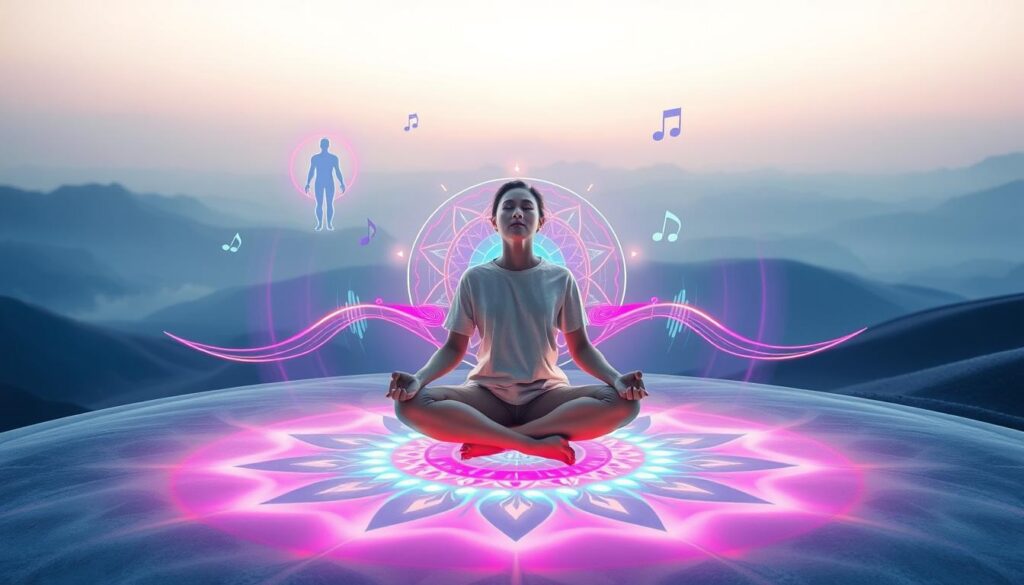 A surreal and captivating scene illustrating the effects of 432 Hz on mind and body. In the foreground, a serene person in modest casual clothing sits cross-legged on a soft, glowing mandala that radiates harmony. Their eyes are closed, and they appear to be meditating, surrounded by vibrant sound waves visualized through neon colors swirling around them. The middle ground features abstract representations of the mind and body, with ethereal shapes that symbolize clarity, balance, and healing, pulsing gently in sync with the sound waves. In the background, a dreamlike landscape unfolds, merging soft gradients of blue and purple, with abstract musical notes floating in the air. Soft, ambient lighting bathes the scene, creating a tranquil, otherworldly atmosphere that invites viewers into a journey of transformation and inner peace. A surreal and captivating scene illustrating the effects of 432 Hz on mind and body. In the foreground, a serene person in modest casual clothing sits cross-legged on a soft, glowing mandala that radiates harmony. Their eyes are closed, and they appear to be meditating, surrounded by vibrant sound waves visualized through neon colors swirling around them. The middle ground features abstract representations of the mind and body, with ethereal shapes that symbolize clarity, balance, and healing, pulsing gently in sync with the sound waves. In the background, a dreamlike landscape unfolds, merging soft gradients of blue and purple, with abstract musical notes floating in the air. Soft, ambient lighting bathes the scene, creating a tranquil, otherworldly atmosphere that invites viewers into a journey of transformation and inner peace.