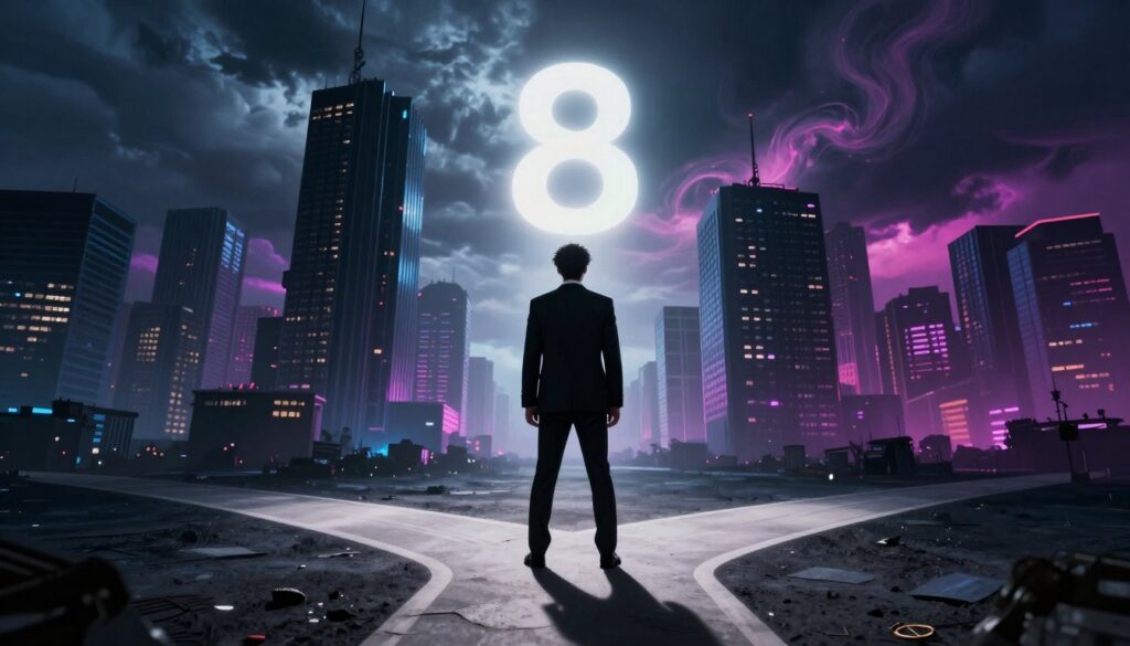 A surreal and thought-provoking visual representation of the shadow side of Life Path Number 8. In the foreground, a solitary figure in professional business attire, embodying a sense of ambition and stress, stands at a crossroads, gazing into the distance. The middle ground features dark, imposing skyscrapers surrounded by swirling neon colors that emphasize a dreamlike atmosphere, hinting at the weight of material success. In the background, a stormy sky contrasts with bursts of vibrant light, symbolizing internal conflict and hidden challenges. The lighting is dramatic, casting long shadows and creating a sense of tension. The composition should evoke a mix of ambition and unease, showcasing the duality of striving for success while grappling with personal turmoil, appealing to an adult Gen Z audience. A surreal and thought-provoking visual representation of the shadow side of Life Path Number 8. In the foreground, a solitary figure in professional business attire, embodying a sense of ambition and stress, stands at a crossroads, gazing into the distance. The middle ground features dark, imposing skyscrapers surrounded by swirling neon colors that emphasize a dreamlike atmosphere, hinting at the weight of material success. In the background, a stormy sky contrasts with bursts of vibrant light, symbolizing internal conflict and hidden challenges. The lighting is dramatic, casting long shadows and creating a sense of tension. The composition should evoke a mix of ambition and unease, showcasing the duality of striving for success while grappling with personal turmoil, appealing to an adult Gen Z audience.