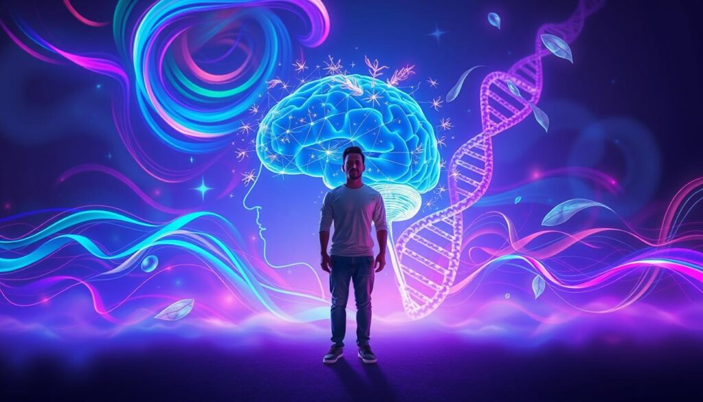 A surreal and vibrant depiction of thoughts and emotions interplaying with the mind and body. In the foreground, a human figure stands calmly in a meditative pose, wearing modest casual clothing, surrounded by swirling neon colors representing thoughts, stressors, and emotional waves. The middle layer showcases a translucent outline of a brain infused with luminous patterns symbolizing neural connections. In the background, flowing abstract shapes illustrate the DNA helix, intertwined with elements of nature, such as leaves and water droplets, symbolizing health and wellness. The atmosphere is ethereal, with soft, diffused lighting creating a dreamlike quality, suggesting balance and tranquility amidst a vibrant chaos, captured from a slightly low angle to add depth. A surreal and vibrant depiction of thoughts and emotions interplaying with the mind and body. In the foreground, a human figure stands calmly in a meditative pose, wearing modest casual clothing, surrounded by swirling neon colors representing thoughts, stressors, and emotional waves. The middle layer showcases a translucent outline of a brain infused with luminous patterns symbolizing neural connections. In the background, flowing abstract shapes illustrate the DNA helix, intertwined with elements of nature, such as leaves and water droplets, symbolizing health and wellness. The atmosphere is ethereal, with soft, diffused lighting creating a dreamlike quality, suggesting balance and tranquility amidst a vibrant chaos, captured from a slightly low angle to add depth.
