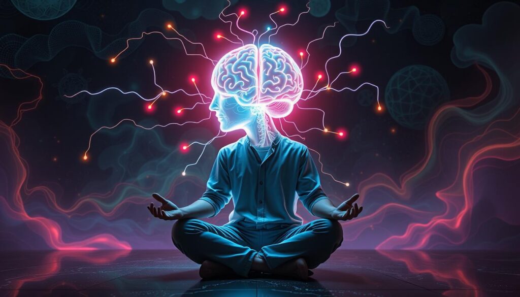 A surreal and vibrant interpretation of "self-model and brain identity," showcasing an abstract figure seated in meditation. In the foreground, the figure, dressed in stylish, modest casual clothing, has a soft luminescent aura, representing their essence. The middle ground features a translucent brain illuminated in neon colors, intricately connected to the figure by ethereal tendrils of light, symbolizing consciousness and identity. The background consists of dreamlike patterns and fluid shapes, incorporating elements of nature and cosmic imagery, creating a sense of vastness and interconnectedness. High-contrast lighting with glowing accents enhances the futuristic and mystic atmosphere, evoking a sense of deep introspection and spiritual exploration, captured with a slightly elevated angle to elevate the subject's stature within the composition.