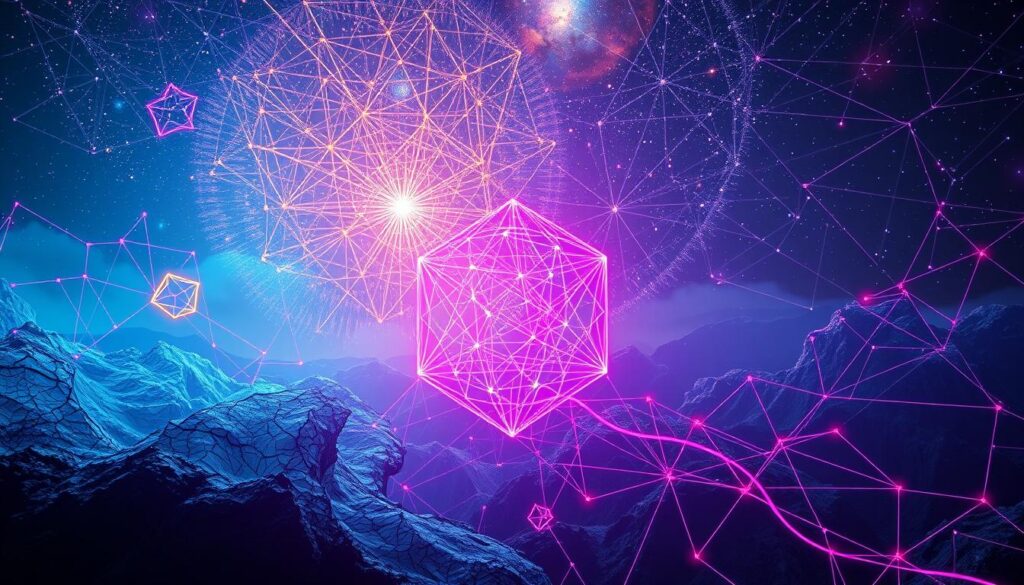 A surreal and vibrant representation of the "universal laws of connection and inner patterns." In the foreground, intricate geometrical shapes intertwine, symbolizing connections between thoughts and emotions in radiant neon colors. The middle ground features ethereal, flowing patterns resembling neural pathways and organic forms, reflecting the interconnectedness of life. In the background, a cosmic landscape filled with stars and galaxies enhances the sense of universality, illuminated by a soft, ethereal light. The overall mood is contemplative and dynamic, evoking a sense of wonder and exploration. Use a wide-angle perspective to capture depth, focusing on high contrast for dramatic effect. The image should radiate enlightenment and connectivity, without any text, maintaining a professional yet artistic quality suitable for modern adult Gen Z aesthetics. A surreal and vibrant representation of the "universal laws of connection and inner patterns." In the foreground, intricate geometrical shapes intertwine, symbolizing connections between thoughts and emotions in radiant neon colors. The middle ground features ethereal, flowing patterns resembling neural pathways and organic forms, reflecting the interconnectedness of life. In the background, a cosmic landscape filled with stars and galaxies enhances the sense of universality, illuminated by a soft, ethereal light. The overall mood is contemplative and dynamic, evoking a sense of wonder and exploration. Use a wide-angle perspective to capture depth, focusing on high contrast for dramatic effect. The image should radiate enlightenment and connectivity, without any text, maintaining a professional yet artistic quality suitable for modern adult Gen Z aesthetics.