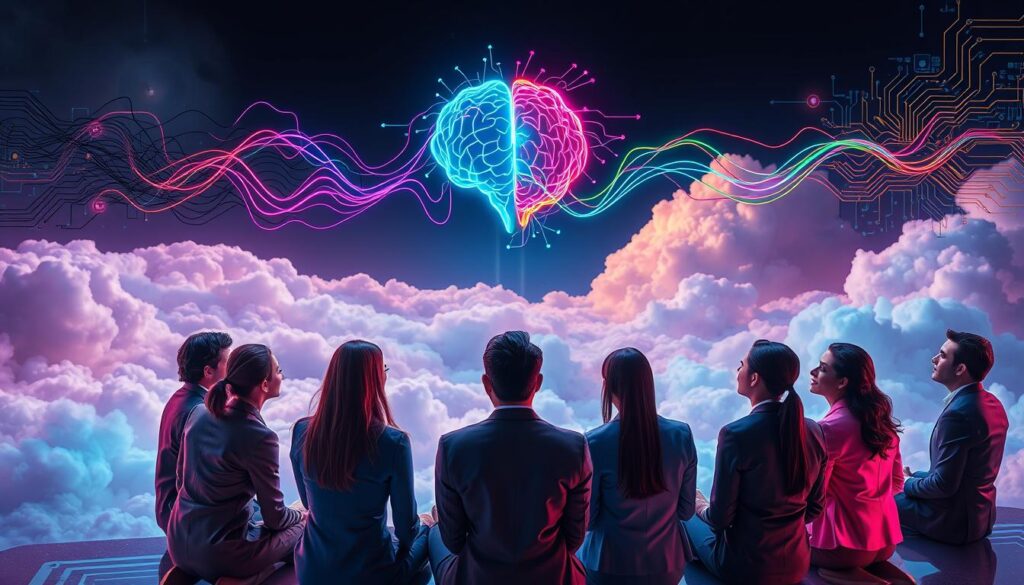 A surreal and vibrant scene depicting the concept of "reprogramming subconscious mind patterns." In the foreground, a diverse group of young adults in professional business attire sits in a circular formation, their eyes closed, deeply engaged in introspection. The middle ground features abstract neon-colored waves of energy radiating from their heads, representing thoughts being transformed, shifting from dark, tangled lines to vibrant, flowing patterns. In the background, a dreamlike landscape of soft, ethereal clouds merges with digital patterns and circuitry, symbolizing the intersection of mind and technology. The lighting is soft yet colorful, with ethereal glows illuminating the figures and contrasting against the darker background. The overall mood is contemplative and optimistic, suggesting empowerment and transformation. A surreal and vibrant scene depicting the concept of "reprogramming subconscious mind patterns." In the foreground, a diverse group of young adults in professional business attire sits in a circular formation, their eyes closed, deeply engaged in introspection. The middle ground features abstract neon-colored waves of energy radiating from their heads, representing thoughts being transformed, shifting from dark, tangled lines to vibrant, flowing patterns. In the background, a dreamlike landscape of soft, ethereal clouds merges with digital patterns and circuitry, symbolizing the intersection of mind and technology. The lighting is soft yet colorful, with ethereal glows illuminating the figures and contrasting against the darker background. The overall mood is contemplative and optimistic, suggesting empowerment and transformation.