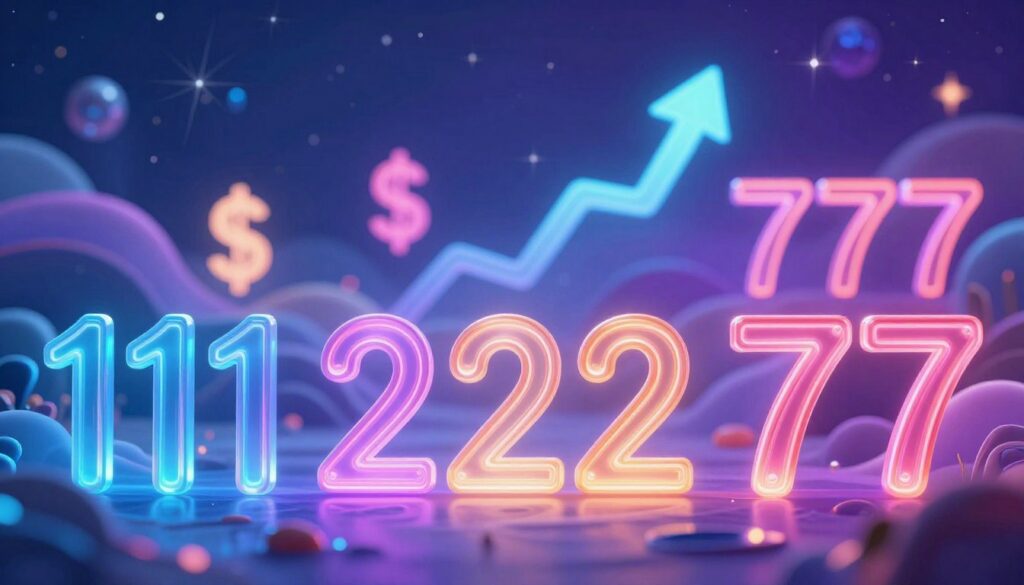 A surreal and visually striking illustration of repeating numbers symbolizing wealth and prosperity, featuring neon colors against a dreamlike backdrop. In the foreground, elegantly arranged numbers like 111, 222, and 777 shimmer vibrantly, glowing with ethereal light. In the middle ground, abstract shapes and soft, swirling textures suggest a flowing journey of financial abundance, intertwined with symbols of growth, like dollar signs and upward arrows. The background is a hazy gradient of deep blues and purples, with twinkling stars resembling a celestial map. The atmosphere is enchanting and optimistic, beckoning viewers to explore the hidden messages behind these numbers. Utilize dramatic lighting to enhance the luminescence of the numbers, with a shallow depth of field focusing on their intricate designs, creating a high-end magazine advertisement aesthetic tailored for adult Gen Z.