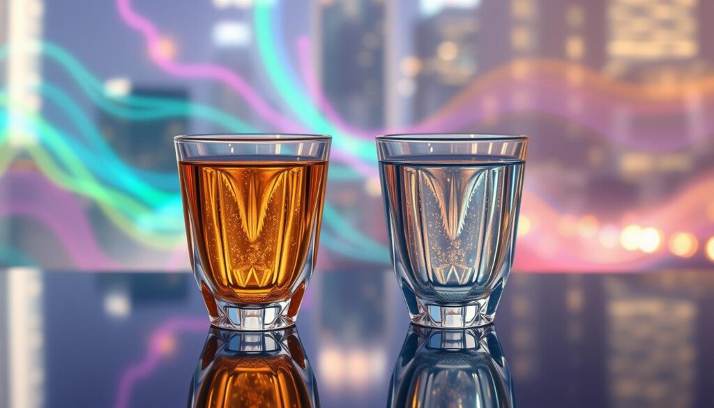 A surreal and vivid depiction of the "Two Cup Method" concept. In the foreground, two elegantly styled crystal cups sit on a reflective surface, one filled with shimmering gold liquid representing wealth, the other with a clear liquid symbolizing current reality. The middle layer features soft, dreamlike distortions blending the two cups, creating a visual representation of shifting timelines, with abstract waves of color—neon greens, blues, and purples—merging and swirling around them. In the background, a softly blurred cityscape glimmers with lights, evoking an atmosphere of abundance and possibilities. The scene is illuminated by ethereal, soft lighting, creating an enchanting mood, reminiscent of high-end magazine advertisements targeted toward a sophisticated adult Gen Z audience. Use a shallow depth of field to emphasize the cups and their transformative energies. A surreal and vivid depiction of the "Two Cup Method" concept. In the foreground, two elegantly styled crystal cups sit on a reflective surface, one filled with shimmering gold liquid representing wealth, the other with a clear liquid symbolizing current reality. The middle layer features soft, dreamlike distortions blending the two cups, creating a visual representation of shifting timelines, with abstract waves of color—neon greens, blues, and purples—merging and swirling around them. In the background, a softly blurred cityscape glimmers with lights, evoking an atmosphere of abundance and possibilities. The scene is illuminated by ethereal, soft lighting, creating an enchanting mood, reminiscent of high-end magazine advertisements targeted toward a sophisticated adult Gen Z audience. Use a shallow depth of field to emphasize the cups and their transformative energies.