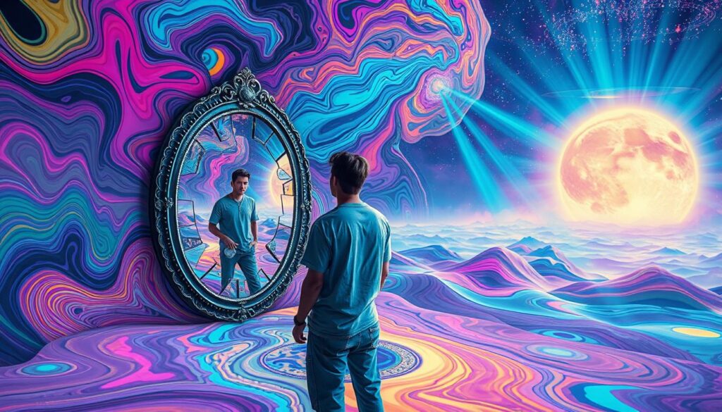 A surreal, captivating scene symbolizing a psychedelic experience and ego dissolution, featuring a central figure in modest casual clothing, surrounded by swirling neon colors and abstract shapes. In the foreground, the figure gazes into a distorted mirror that reflects fragmented pieces of themselves, representing the dissolution of identity. The middle ground swirls with vibrant patterns that blend into fluid, dreamlike landscapes, suggesting transformation and freedom. In the background, ethereal light beams radiate from a cosmic void, casting a serene yet otherworldly glow. The atmosphere is both tranquil and intense, evoking a sense of introspection and liberation. Utilize bright, contrasting colors with high saturation, along with a soft-focus lens effect for a dreamlike quality.