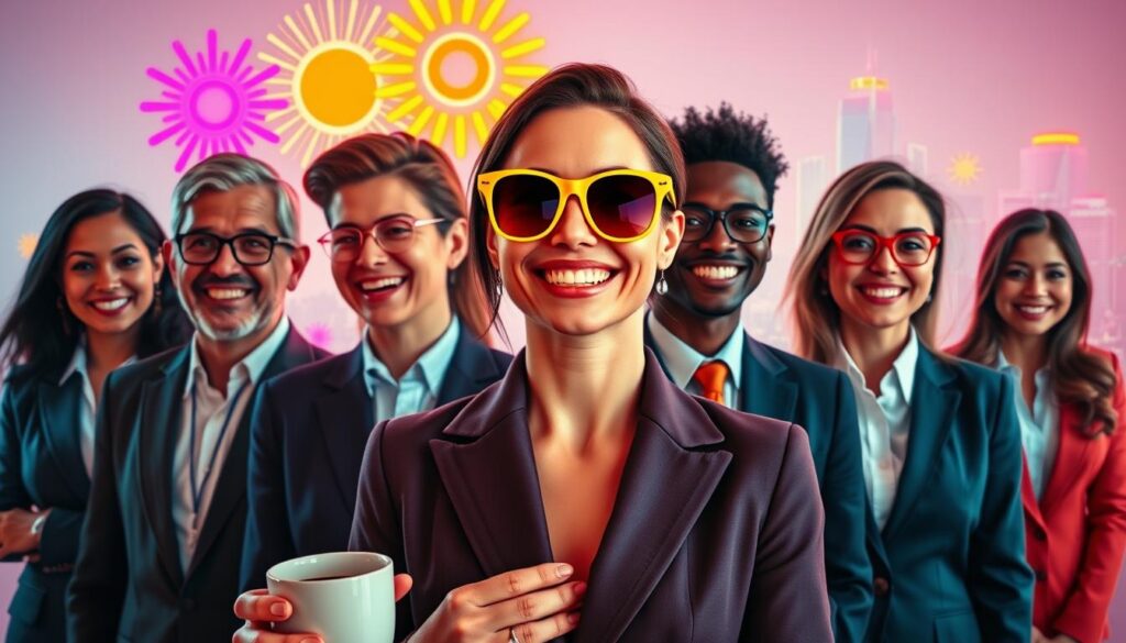 A surreal composition depicting "Signs of Toxic Positivity," featuring a diverse group of adults in professional business attire, each with exaggerated, artificial smiles while surrounded by neon colors and dreamlike elements. In the foreground, a woman with bright, oversized sunglasses wearing a tailored suit holds a cup of coffee, her smile juxtaposed with teardrops visually blending into the neon background. The middle layer includes abstract symbols of positivity like sunbursts and flowers, but they appear faintly behind the characters, hinting at underlying discomfort. In the background, a hazy cityscape glows with bright pastel hues, enhancing the dreamlike quality. The lighting is vibrant and high-contrast, creating an atmospheric tension between the cheerful facade and the underlying emotions, evoking a sense of unease beneath the surface of positivity. A surreal composition depicting "Signs of Toxic Positivity," featuring a diverse group of adults in professional business attire, each with exaggerated, artificial smiles while surrounded by neon colors and dreamlike elements. In the foreground, a woman with bright, oversized sunglasses wearing a tailored suit holds a cup of coffee, her smile juxtaposed with teardrops visually blending into the neon background. The middle layer includes abstract symbols of positivity like sunbursts and flowers, but they appear faintly behind the characters, hinting at underlying discomfort. In the background, a hazy cityscape glows with bright pastel hues, enhancing the dreamlike quality. The lighting is vibrant and high-contrast, creating an atmospheric tension between the cheerful facade and the underlying emotions, evoking a sense of unease beneath the surface of positivity.