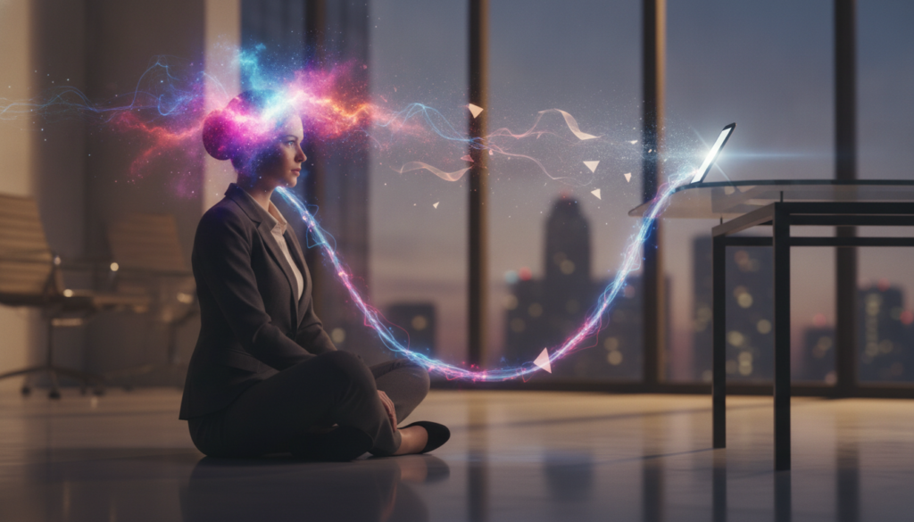 A surreal conceptual image representing "telepathy manifestation," featuring a young Caucasian woman in professional business attire, sitting cross-legged in a sleek, modern office space. In the foreground, her mind is illustrated as a vibrant, swirling nebula of neon colors, connecting to a glowing, ethereal string leading to a smartphone on a nearby desk, symbolizing her mental influence. The middle ground showcases abstract shapes and whisper-like energy waves emanating from her mind, conveying a sense of communication and connection. The background is softly blurred, with warm ambient lighting that creates an inviting and focused atmosphere. The overall mood is dreamy and inspiring, capturing the essence of mental connectivity and manifestation. The lens should have a slight soft focus, enhancing the mystical quality of the image. A surreal conceptual image representing "telepathy manifestation," featuring a young Caucasian woman in professional business attire, sitting cross-legged in a sleek, modern office space. In the foreground, her mind is illustrated as a vibrant, swirling nebula of neon colors, connecting to a glowing, ethereal string leading to a smartphone on a nearby desk, symbolizing her mental influence. The middle ground showcases abstract shapes and whisper-like energy waves emanating from her mind, conveying a sense of communication and connection. The background is softly blurred, with warm ambient lighting that creates an inviting and focused atmosphere. The overall mood is dreamy and inspiring, capturing the essence of mental connectivity and manifestation. The lens should have a slight soft focus, enhancing the mystical quality of the image.