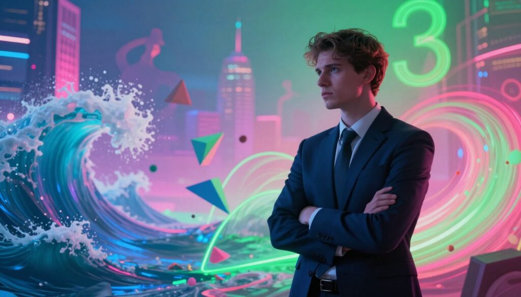 A surreal depiction of Life Path 3 blocked energy: in the foreground, a young Caucasian adult in professional business attire stands with arms crossed, looking contemplative, surrounded by swirling neon colors of pink, blue, and green representing creative energy. In the middle ground, chaotic waves of light clash and twist, symbolizing frustration and stagnation, while geometric shapes interlock, hinting at unfulfilled potential. The background features a dreamlike cityscape bathed in a soft gradient of neon hues, with faint outlines of abstract figures representing creativity struggling to break free. The overall atmosphere is one of tension and longing, illuminated by ethereal lighting that casts deep shadows, enhancing the feeling of being trapped in a vibrant yet stifling world. Shot from a slightly low angle to emphasize the subject’s resolve amid the chaos. A surreal depiction of Life Path 3 blocked energy: in the foreground, a young Caucasian adult in professional business attire stands with arms crossed, looking contemplative, surrounded by swirling neon colors of pink, blue, and green representing creative energy. In the middle ground, chaotic waves of light clash and twist, symbolizing frustration and stagnation, while geometric shapes interlock, hinting at unfulfilled potential. The background features a dreamlike cityscape bathed in a soft gradient of neon hues, with faint outlines of abstract figures representing creativity struggling to break free. The overall atmosphere is one of tension and longing, illuminated by ethereal lighting that casts deep shadows, enhancing the feeling of being trapped in a vibrant yet stifling world. Shot from a slightly low angle to emphasize the subject’s resolve amid the chaos.