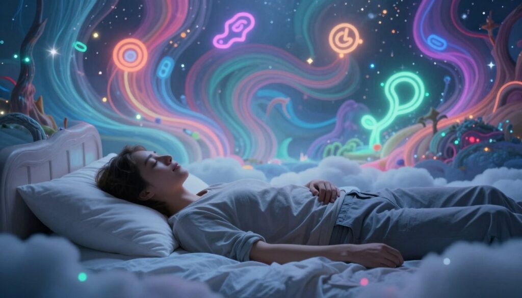 A surreal depiction of a person experiencing lucid dream awareness during REM sleep. In the foreground, a young adult in modest casual clothing, reflecting a grounded sense of reality, lies on a soft, cloud-like bed, with eyes closed, yet a gentle smile suggests awareness. The middle ground features swirling dream imagery, with vibrant neon colors blending seamlessly into abstract shapes and symbols that represent thoughts and emotions. In the background, ethereal landscapes glow softly, hinting at fantastical realms, with luminescent stars and flowing streams of light. The scene is illuminated by a mystical bioluminescent glow, enhancing the dream-like quality. The atmosphere is tranquil yet exhilarating, capturing the essence of exploring one's consciousness in a vivid, imaginative manner. The composition is aimed to evoke a sense of wonder and introspection while showcasing the beauty of lucid dreaming.