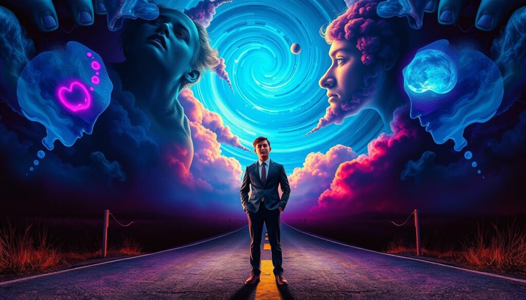 A surreal depiction of a person standing at a crossroads, surrounded by colorful, dreamlike representations of limiting beliefs portrayed as large, shadowy figures looming overhead. The foreground features a young adult in professional attire, looking contemplative, with neon colors highlighting their expressions of doubt and determination. In the middle ground, the path splits into two, with one side shrouded in darkness and the other illuminated with vibrant, hopeful neon hues, symbolizing the contrast between limiting beliefs and potential freedom. The background showcases a swirling sky of deep blues and purples, filled with abstract shapes reminiscent of thought bubbles, creating an ethereal atmosphere. The lighting is dramatic, with a focus on the subject, casting long shadows to reinforce the tension of the moment while inspiring a sense of empowerment. A surreal depiction of a person standing at a crossroads, surrounded by colorful, dreamlike representations of limiting beliefs portrayed as large, shadowy figures looming overhead. The foreground features a young adult in professional attire, looking contemplative, with neon colors highlighting their expressions of doubt and determination. In the middle ground, the path splits into two, with one side shrouded in darkness and the other illuminated with vibrant, hopeful neon hues, symbolizing the contrast between limiting beliefs and potential freedom. The background showcases a swirling sky of deep blues and purples, filled with abstract shapes reminiscent of thought bubbles, creating an ethereal atmosphere. The lighting is dramatic, with a focus on the subject, casting long shadows to reinforce the tension of the moment while inspiring a sense of empowerment.