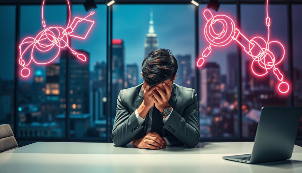 A surreal depiction of attachment stress and emotional overload, featuring a young adult in a modern office setting, dressed in smart business attire. In the foreground, the individual sits at a sleek desk, head in hands, surrounded by chaotic neon symbols symbolizing anxiety and emotional turmoil—like tangled wires and heavy chains. In the middle ground, a soft blur of a bustling cityscape through a large window creates a sense of overwhelming external demands. The background showcases a gradient of dreamcore colors, merging blues and purples, enhancing the feeling of being consumed by attachment and stress. Dramatic lighting with soft spotlights and shadow play evokes a somber yet contemplative mood, emphasizing the tension and emotional strain. The perspective is slightly high-angle, capturing the weight of stress looming over the subject. A surreal depiction of attachment stress and emotional overload, featuring a young adult in a modern office setting, dressed in smart business attire. In the foreground, the individual sits at a sleek desk, head in hands, surrounded by chaotic neon symbols symbolizing anxiety and emotional turmoil—like tangled wires and heavy chains. In the middle ground, a soft blur of a bustling cityscape through a large window creates a sense of overwhelming external demands. The background showcases a gradient of dreamcore colors, merging blues and purples, enhancing the feeling of being consumed by attachment and stress. Dramatic lighting with soft spotlights and shadow play evokes a somber yet contemplative mood, emphasizing the tension and emotional strain. The perspective is slightly high-angle, capturing the weight of stress looming over the subject.