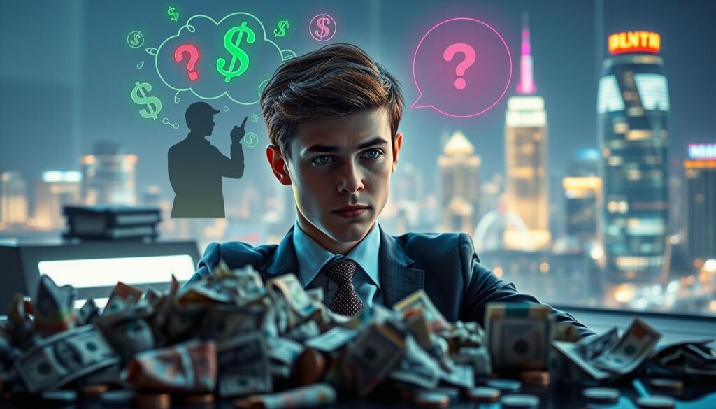 A surreal depiction of "money trauma thoughts and feelings," featuring a young adult in professional business attire sitting at a sleek, modern desk cluttered with crumpled bills and coins. In the foreground, a close-up of their contemplative face, showing a blend of anxiety and hope, with vibrant neon colors illuminating their expression. In the middle, abstract thought patterns emerge, illustrated with swirling dollar signs and shadowy figures representing stress. The background is a dreamlike cityscape at night, with glowing buildings symbolizing prosperity and distant opportunities. Soft lighting creates an ethereal atmosphere, while a slight blur effect adds a sense of introspection. Capture a mood of reflection, illustrating the weight of financial traumas and the journey toward healing.