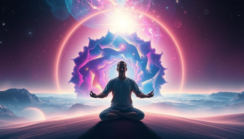 A surreal depiction of nonduality and direct experience, featuring a serene figure meditating in a cosmic landscape. In the foreground, the figure, dressed in modest casual clothing, radiates a soft glow, surrounded by swirling patterns of vibrant neon colors representing energy and consciousness. The middle ground showcases a fractal-like structure blending into an abstract representation of the universe, with stars, galaxies, and ethereal shapes intertwining, symbolizing unity with existence. The background is a dreamlike horizon, merging the earthly realm with celestial elements, casting a harmonious light across the scene. Soft, ambient lighting creates a tranquil atmosphere, enhancing the mystical quality of nonduality. Capture this moment with a slightly elevated angle, giving a sense of depth and connection to the vast cosmos. A surreal depiction of nonduality and direct experience, featuring a serene figure meditating in a cosmic landscape. In the foreground, the figure, dressed in modest casual clothing, radiates a soft glow, surrounded by swirling patterns of vibrant neon colors representing energy and consciousness. The middle ground showcases a fractal-like structure blending into an abstract representation of the universe, with stars, galaxies, and ethereal shapes intertwining, symbolizing unity with existence. The background is a dreamlike horizon, merging the earthly realm with celestial elements, casting a harmonious light across the scene. Soft, ambient lighting creates a tranquil atmosphere, enhancing the mystical quality of nonduality. Capture this moment with a slightly elevated angle, giving a sense of depth and connection to the vast cosmos.