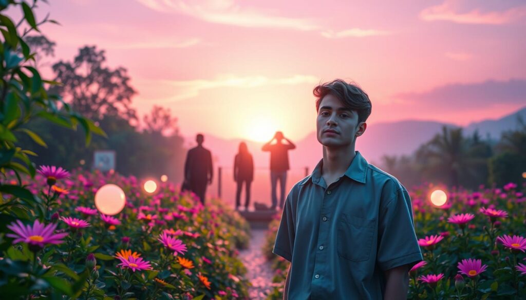 A surreal depiction of positivity and avoidance, featuring a serene adult Gen Z individual dressed in modest casual attire standing in a bright, dreamlike landscape filled with lush greenery and vibrant neon flowers. The foreground showcases the person with a calm expression, surrounded by glowing orbs of light symbolizing positive thoughts. In the middle ground, shadowy silhouettes of darker figures or obstacles represent the pain being bypassed, slightly fading into the vibrant environment. The background hints at a radiant sunset with soft pastel hues blending into deep blues, casting ethereal light across the scene. The overall mood is a juxtaposition of tranquility and unease, with a dreamcore aesthetic, emphasizing the tension between genuine positivity and avoidance. The image features soft, diffused lighting, capturing a high-end magazine advertisement style. A surreal depiction of positivity and avoidance, featuring a serene adult Gen Z individual dressed in modest casual attire standing in a bright, dreamlike landscape filled with lush greenery and vibrant neon flowers. The foreground showcases the person with a calm expression, surrounded by glowing orbs of light symbolizing positive thoughts. In the middle ground, shadowy silhouettes of darker figures or obstacles represent the pain being bypassed, slightly fading into the vibrant environment. The background hints at a radiant sunset with soft pastel hues blending into deep blues, casting ethereal light across the scene. The overall mood is a juxtaposition of tranquility and unease, with a dreamcore aesthetic, emphasizing the tension between genuine positivity and avoidance. The image features soft, diffused lighting, capturing a high-end magazine advertisement style.