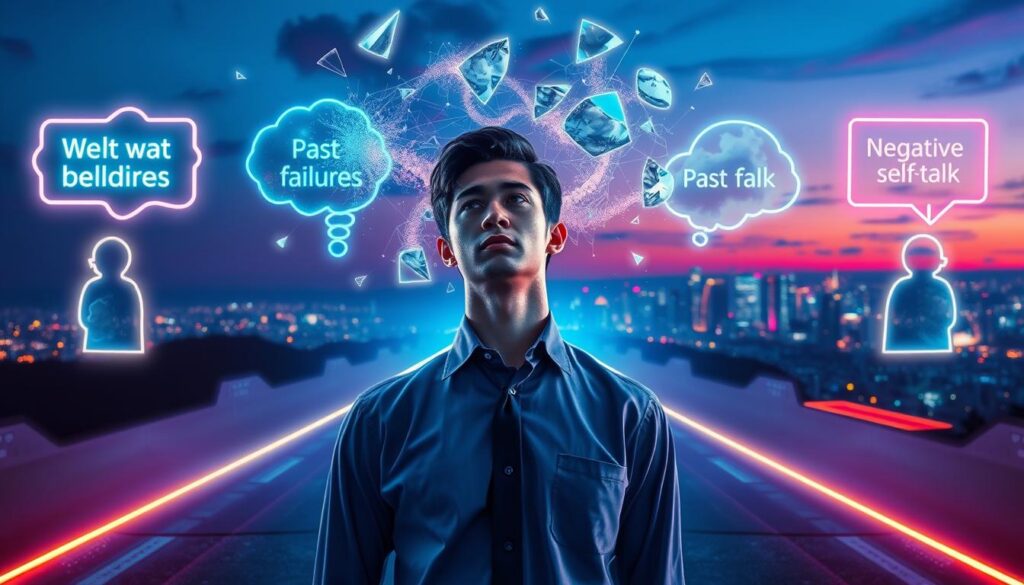 A surreal depiction of self-limiting beliefs, showcasing a fragmented mindscape. In the foreground, a young adult wearing professional attire stands at a crossroads, gazing thoughtfully at four diverging paths made of neon light. Each path represents a different source of self-limiting beliefs: societal expectations, past failures, fear of judgment, and negative self-talk, illustrated as distorted, shadowy figures. The middle layer features abstract thoughts swirling like mist, containing fragmented images of broken mirrors and clouds, symbolizing confusion and self-doubt. In the background, a vibrant cityscape glows under a twilight sky, embodying potential and opportunity. The atmosphere is charged with introspection and transformation, enhanced by vivid neon colors and soft focus lighting, creating a dreamlike, hopeful mood, akin to a high-end magazine advertisement. A surreal depiction of self-limiting beliefs, showcasing a fragmented mindscape. In the foreground, a young adult wearing professional attire stands at a crossroads, gazing thoughtfully at four diverging paths made of neon light. Each path represents a different source of self-limiting beliefs: societal expectations, past failures, fear of judgment, and negative self-talk, illustrated as distorted, shadowy figures. The middle layer features abstract thoughts swirling like mist, containing fragmented images of broken mirrors and clouds, symbolizing confusion and self-doubt. In the background, a vibrant cityscape glows under a twilight sky, embodying potential and opportunity. The atmosphere is charged with introspection and transformation, enhanced by vivid neon colors and soft focus lighting, creating a dreamlike, hopeful mood, akin to a high-end magazine advertisement.